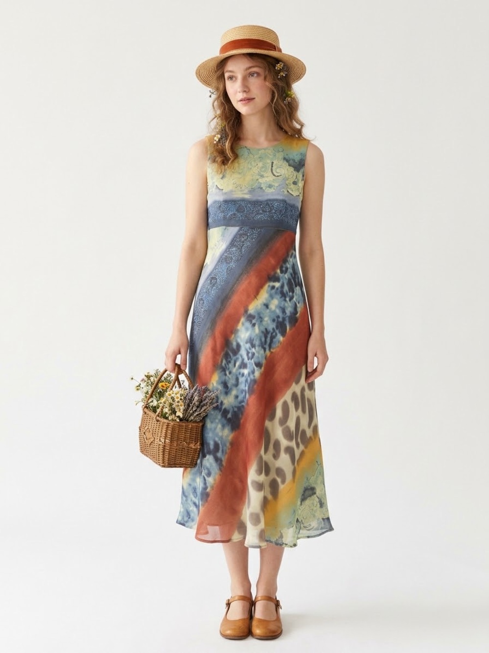 Boho Goblincore Bias Cut Earthy Midi Dress Patterned Boho Maximalist Fairycore